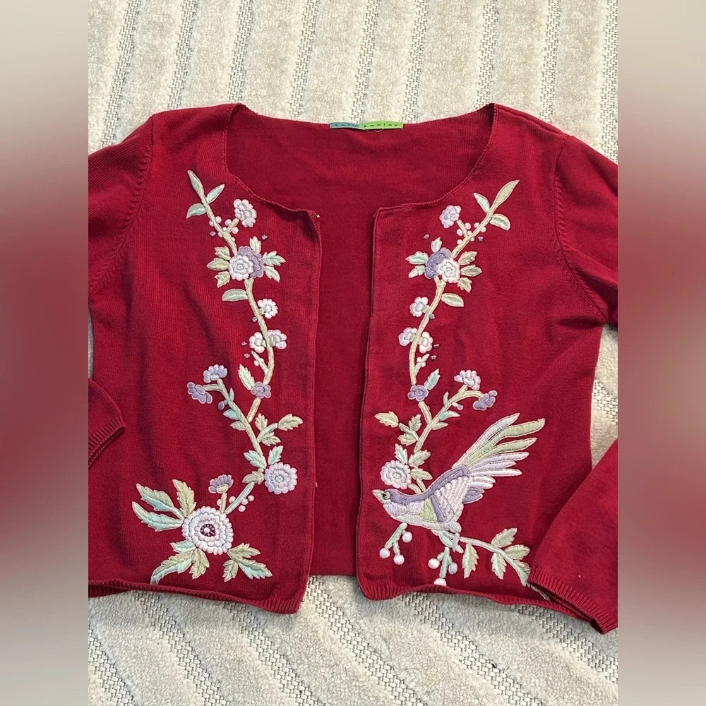Vintage Embroidered Floral Birds Red Spring Cardigan - S